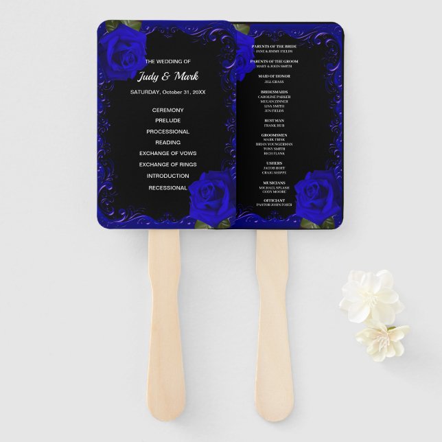 Éventail Élégant Goth Blue Roses programme de mariage Fans (Devant et derrière)