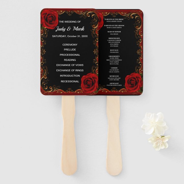 Éventail Élégant Goth Red Roses Programme de mariage Fans (Devant et derrière)