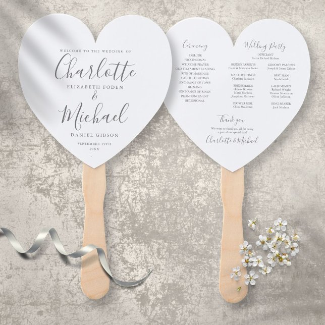 Éventail Élégant Gris Script Programme de mariage Coeur (Créateur téléchargé)