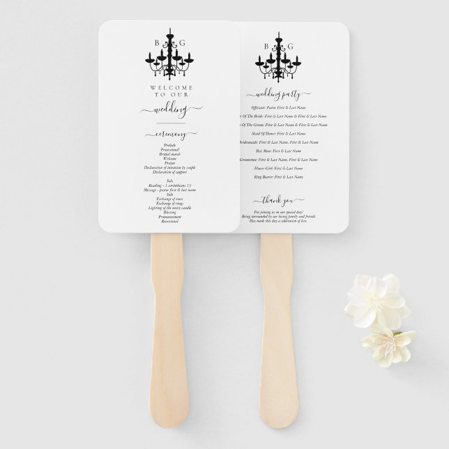 Éventail Élégant Lustre Monogramme Mariage Noir et Blanc (Devant et derrière)