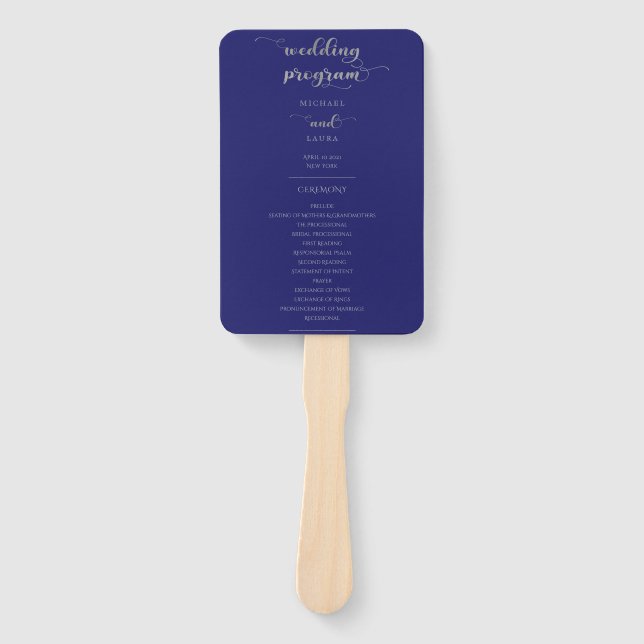 Éventail Élégant Mariage de calligraphie en argent bleu mar (Devant)