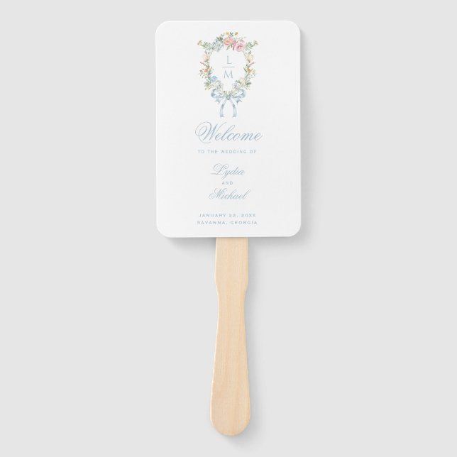Éventail Élégant Mariage de monogramme de couronne fleurie (Devant)