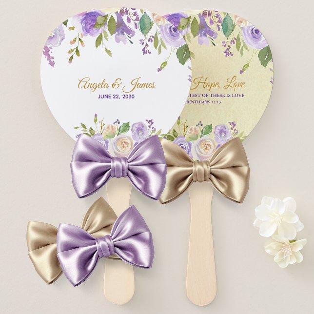 Éventail Élégant Mariage floral violet et or (Elegant Purple and Gold Watercolor Floral Wedding Hand Fan)