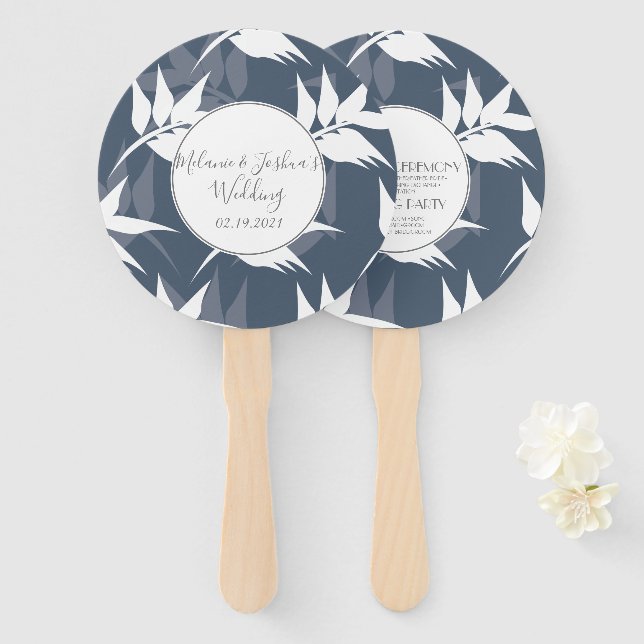 Éventail Élégant Mariage Motif blanc de la marine de la feu (Devant et derrière)