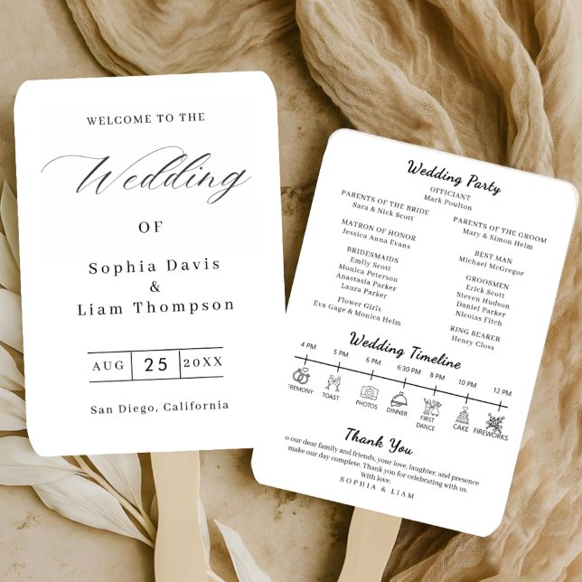 Éventail Elegant Minimalist Black White Wedding Program Fan (Créateur téléchargé)