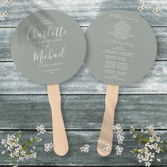Éventail Élégant moderne Script Sage Green Wedding Programm (Elegant Modern Script Sage Green Wedding Program Hand Fan)