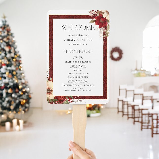 Éventail Élégant Noël Rouge Damas Floral (Créateur téléchargé)