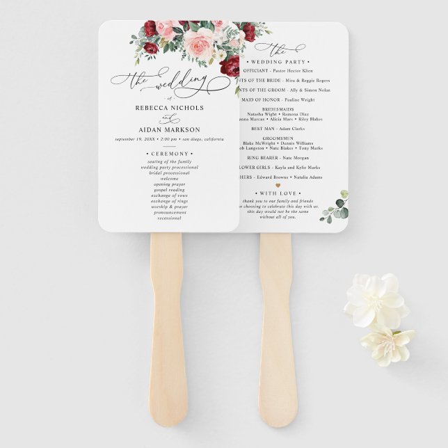 Éventail Élégant programme de cérémonie de Mariage Burgundy (Devant et derrière)