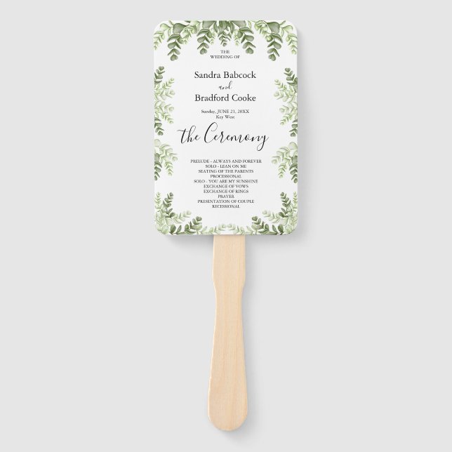 Éventail Élégant programme de cérémonie Mariage Eucalyptus (Devant)