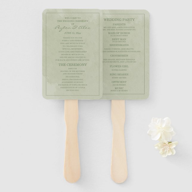 Éventail Élégant programme de mariage à l'aquarelle verte (Devant et derrière)
