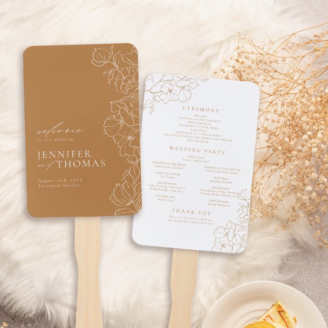 Éventail Élégant programme de mariage de automne doré fleur (Elegant floral golden fall wedding program hand fan)