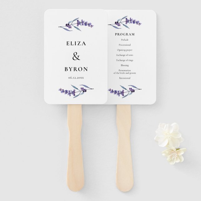 Éventail Élégant programme de mariage de lavande florale (Devant et derrière)
