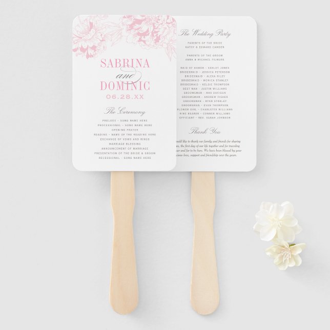 Éventail Élégant programme de mariage de pivoines florales  (Devant et derrière)