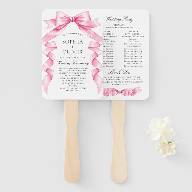 Éventail Élégant programme de mariage doux rose main dessin (Devant et derrière)
