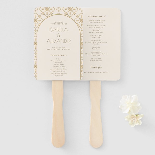 Éventail Élégant programme de mariage en arche de carreaux  (Devant et derrière)