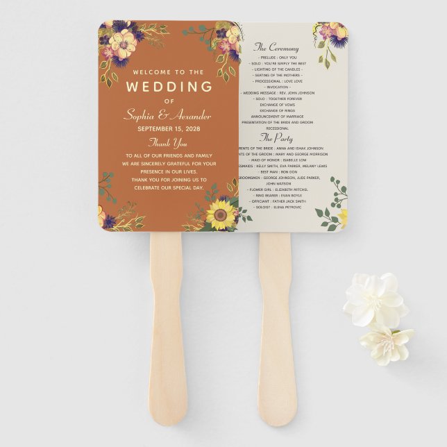 Éventail Élégant programme de mariage floral (Devant et derrière)