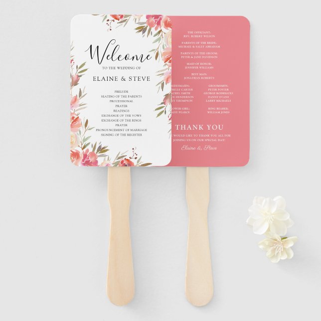 Éventail Élégant programme de mariage floral rose (Devant et derrière)