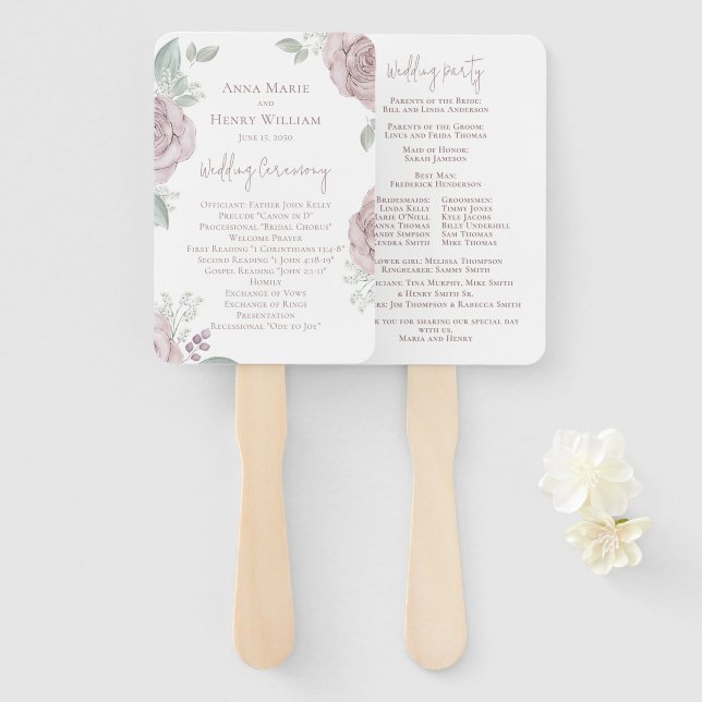 Éventail Élégant programme de mariage floral rose rose (Devant et derrière)
