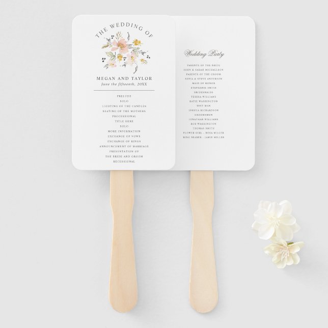 Éventail Élégant programme de mariage floral rose rose (Devant et derrière)