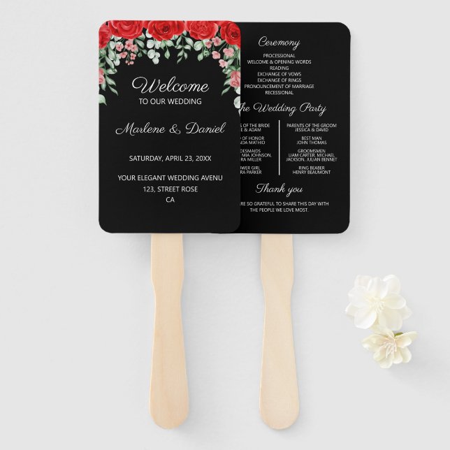 Éventail Élégant programme de mariage floral rouge et noir (Devant et derrière)