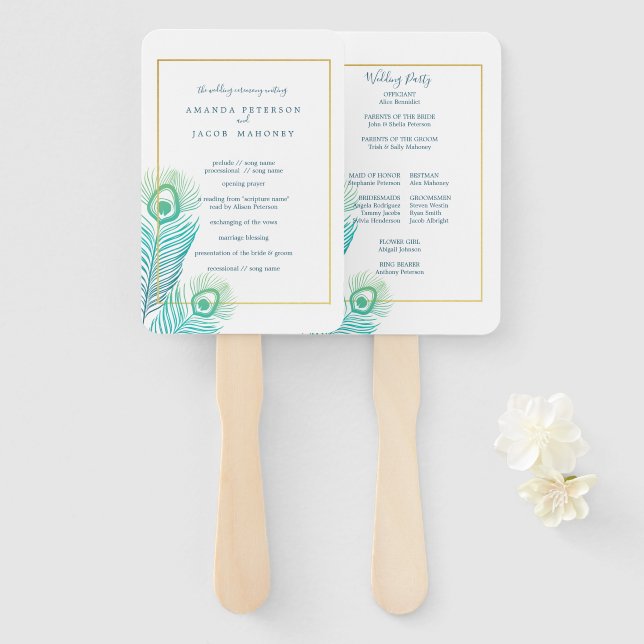 Éventail Élégant Programme de mariage Peacock Or Ventilateu (Devant et derrière)