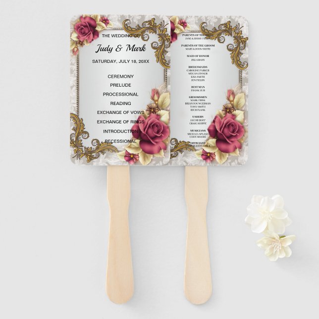 Éventail Élégant programme de mariage Roses rouges Ventilat (Devant et derrière)