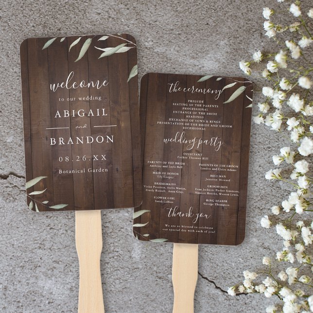 Éventail Élégant programme de mariage rustique en bois de g (Elegant greenery barn wood rustic wedding program hand fan)