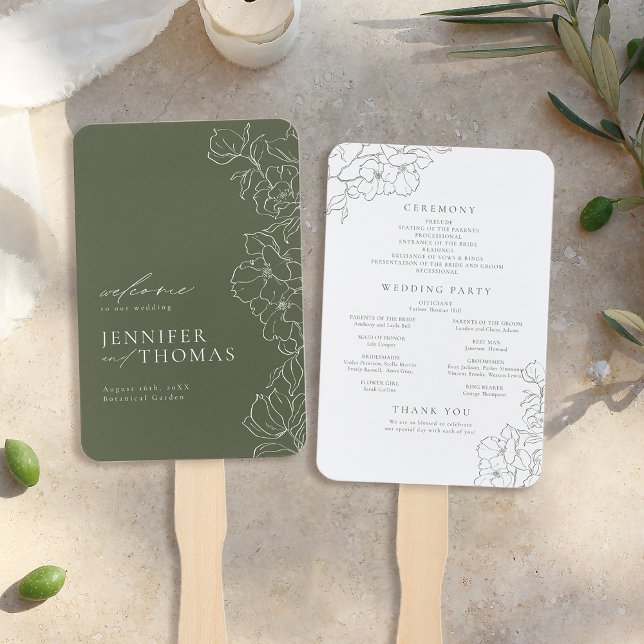 Éventail Élégant programme de mariage vert à la sauge flora (Elegant floral sage green wedding program hand fan)