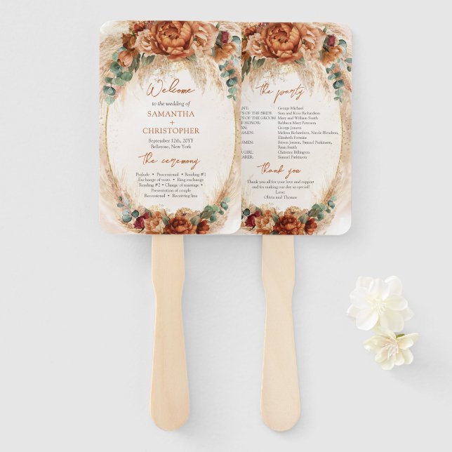 Éventail Élégant programme de sauge de cuivre et de fleurs  (Devant et derrière)