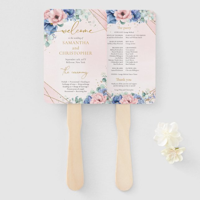 Éventail Élégant programme floral bleu rose pâle (Devant et derrière)