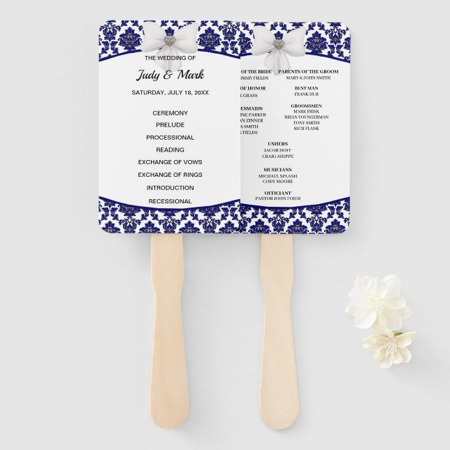 Éventail Élégant programme Navy Blue Mariage damassé (Devant et derrière)