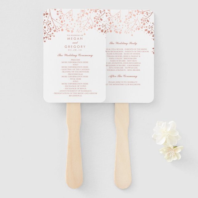 Éventail Élégant programme Rose Gold et White Wedding (Devant et derrière)