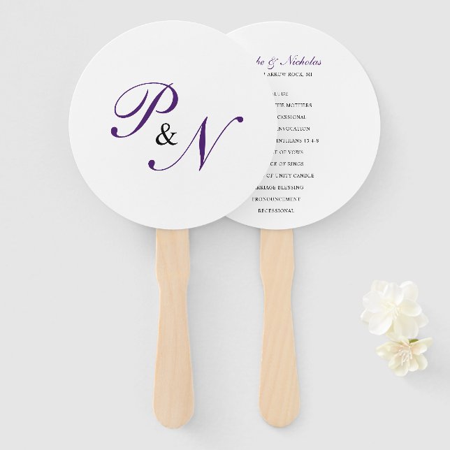 Éventail Élégant Programme Royal Purple Monogram Mariage (Devant et derrière)