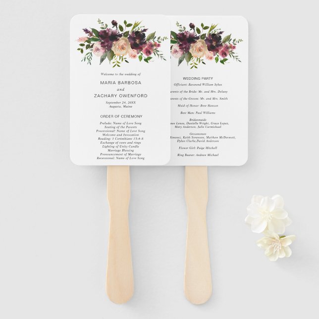 Éventail Élégant Purple Bourgogne Floral Wedding Programme (Devant et derrière)