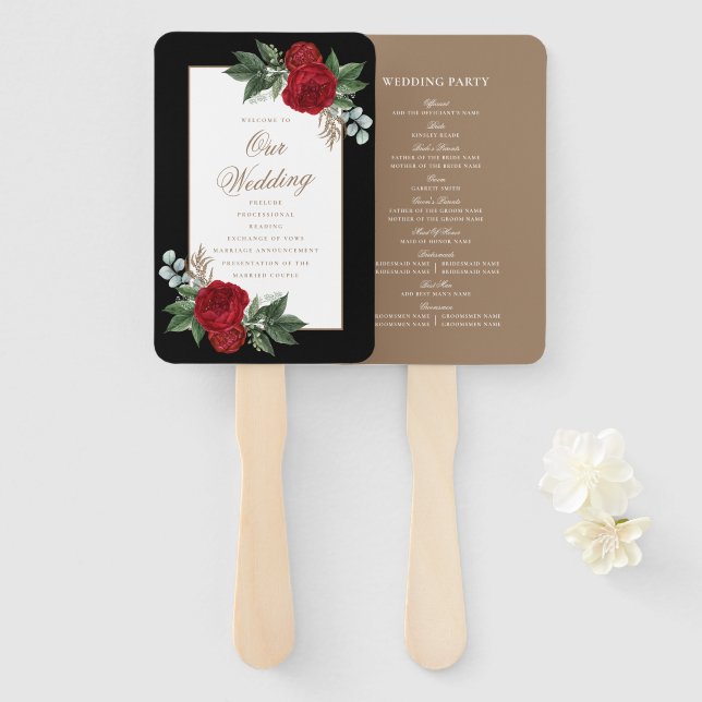Éventail Élégant Red Floral Black & Gold Wedding Programme (Devant et derrière)
