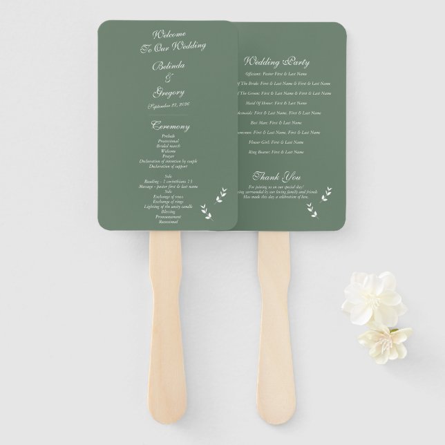 Éventail Élégant Sage Olive Green Script Wedding Programme (Devant et derrière)