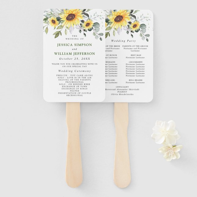 Éventail Elégant Sunflower Eucalyptus Chic Wedding Programm (Devant et derrière)