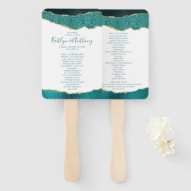 Éventail Élégant Turquoise & Gold Agate Wedding Programme (Devant et derrière)