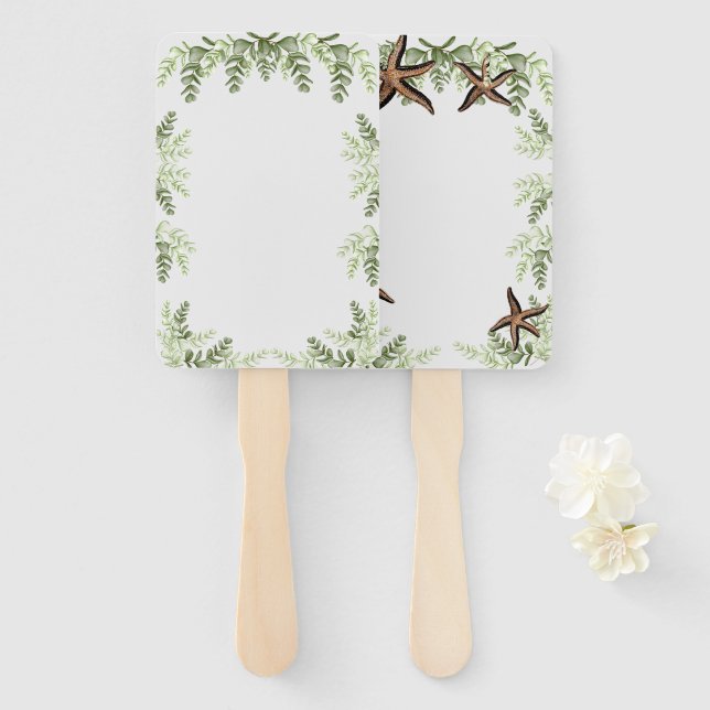 Éventail Élégant ventilateur Mariage Eucalyptus et Starfish (Devant et derrière)