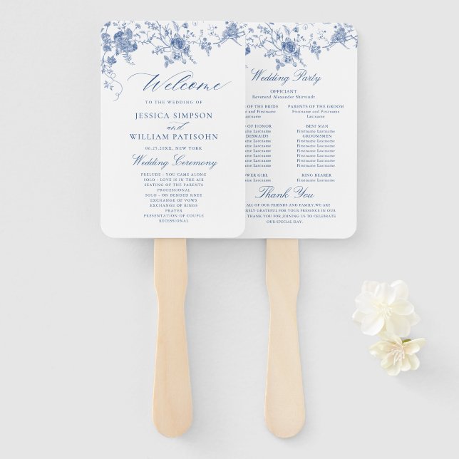 Éventail Élégant Victorian Blue Floral Wedding Programme (Devant et derrière)