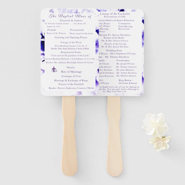 Éventail Élégant Violets Catholique Masse Nuptiale Programm (Devant et derrière)
