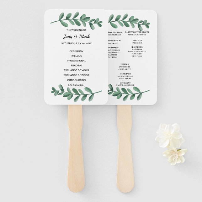 Éventail Elégante Aquarelle classique Vert Feuille Mariage (Devant et derrière)