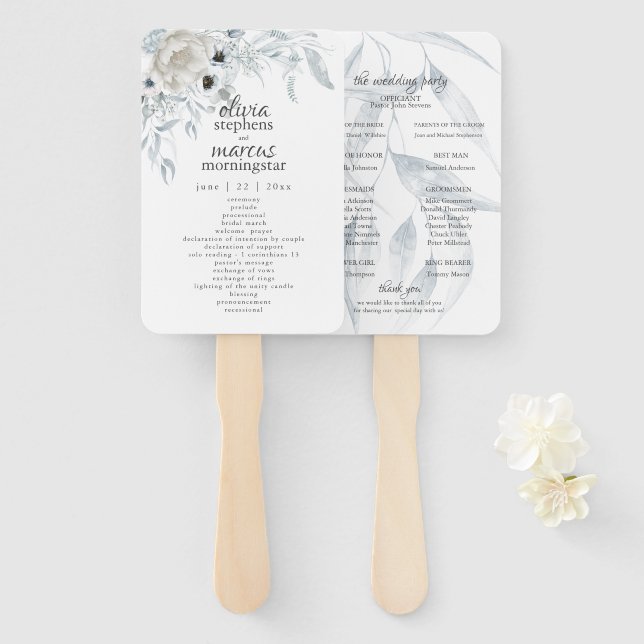 Éventail Elégante aquarelle Dusty Blue Floral Programme (Devant et derrière)