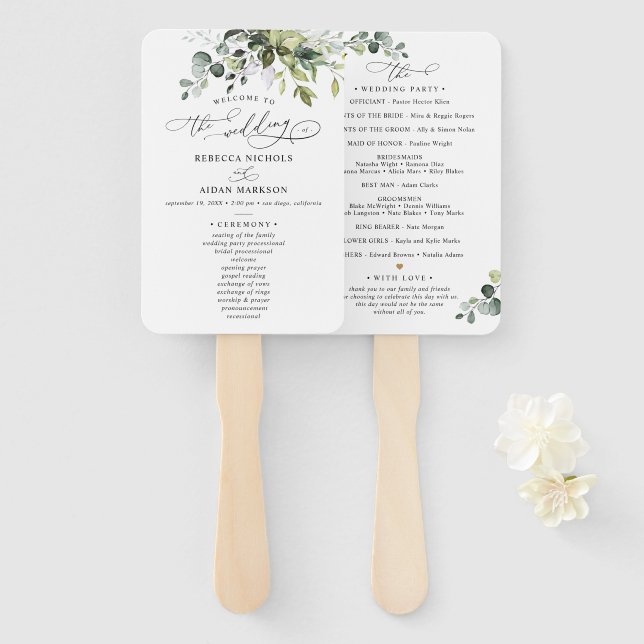 Éventail Elégante aquarelle Eucalyptus Mariage Ha (Devant et derrière)