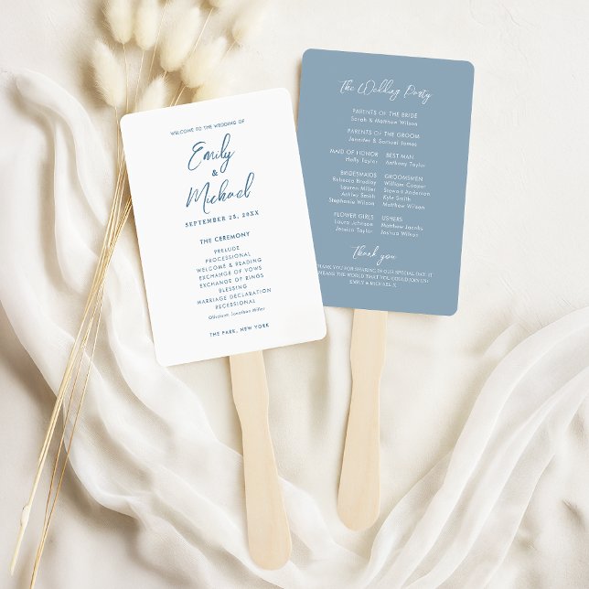 Éventail Élégante calligraphie Dusty Blue Wedding Programme (Elegant dusty blue calligraphy text wedding program hand fan. Perfect for staying cool!)
