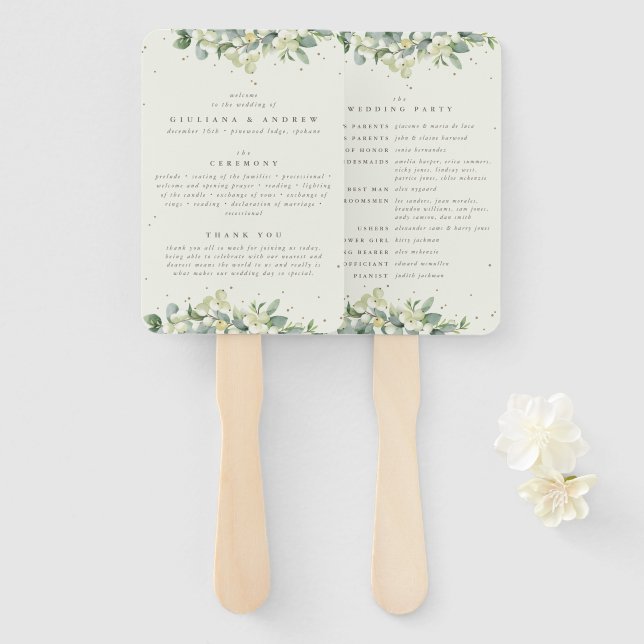 Éventail Elégante Crème Snowberry+Eucalyptus Mariage d'hive (Devant et derrière)