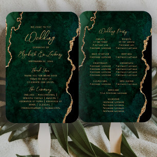 Éventail Emerald Green Gold Agate Script Wedding Programme