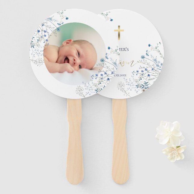 Éventail ensemble de dix Baptême fleur sauvage bleu (Devant et derrière)