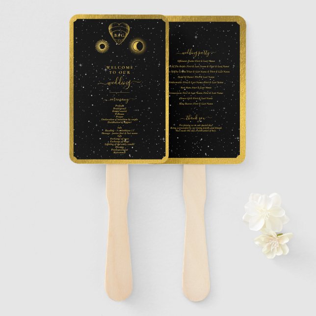 Éventail Étoiles célestes Crescent Lune Mariage d'or noir (Devant et derrière)