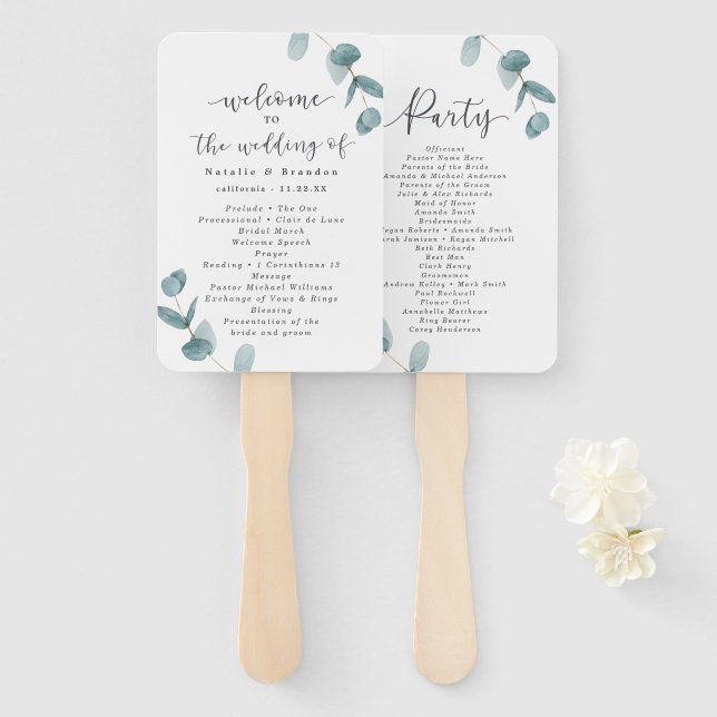 Éventail Eucalyptus et Calligraphie Mariage programme de cé (Devant et derrière)